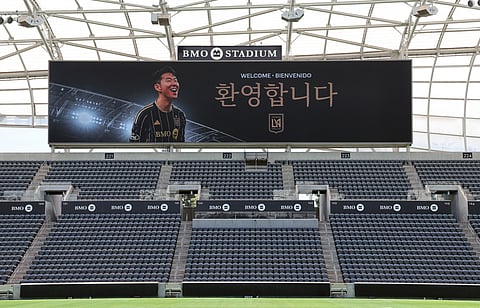 Welcome sign are seen on the stadium electronic board before a news conference to introduce Son Hueng-Min to the Los Angeles Football Club at BMO Stadium on August 6, 2025 in Los Angeles, California.