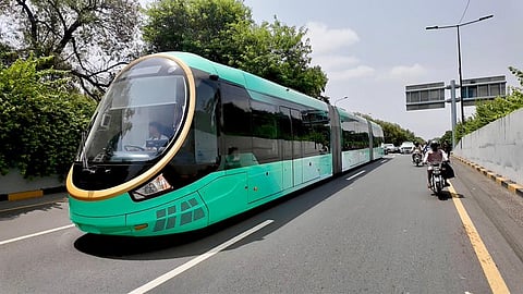 A view of first trackless electric tram in Lahore