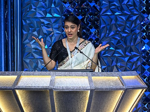 Actress Kajol addresses at the 60th and 61st Diamond Jubilee Maharashtra State Marathi Film Awards during a ceremony at Worli in Mumbai.