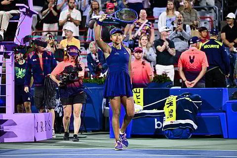Naomi Osaka of Japan celebrates a victory against Clara Tauson of Denmark during their semifinal singles women's match on Day Eleven of the WTA 1000 National Bank Open at IGA Stadium on August 6, 2025 in Montreal, Quebec, Canada.