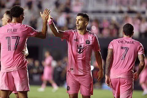 Ian Fray, Luis Suarez (middle), and Rodrigo De Paul of Inter Miami CF celebrate during the Leagues Cup Phase One match against Pumas de la UNAM at Chase Stadium in Fort Lauderdale, Florida, on August 6, 2025.