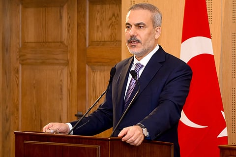 This handout picture released by the Egyptian foreign ministry shows Turkey's Foreign Minister Hakan Fidan speaking at a press conference after his meeting with his Egyptian counterpart in El-Alamein on August 9, 2025.