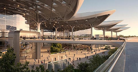 An artist's rendering of the approved design of a planned new airport in Poland, known as CPK. The terminal, linked to a high-speed rail line, will initially handle up to 34 million passengers annually, which could be ramped up to 44 million per year.