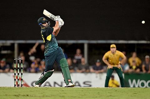 Australian batsman Tim David plays a shot during the T20 international cricket match against South Africa played in Darwin on August 10, 2025.