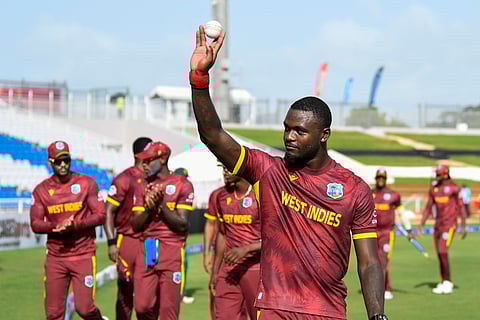 Jayden Seales of the West Indies acknowledges the cheers after claiming a six-wicket haul to lead the hosts to a comfortable win over Pakistan at Brian Lara Cricket Academy in Tarouba, San Fernando, on Tuesday.
