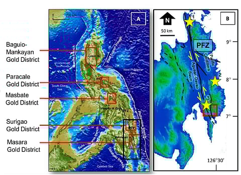 Location map showing the major gold districts (red boxes) in the Philippines