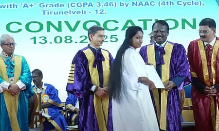 PhD student refuses to receive degree from TN Governor, opts for VC, sparking uproar. Governor Ravi (left) maintained his composure as the graduate bypassed him.