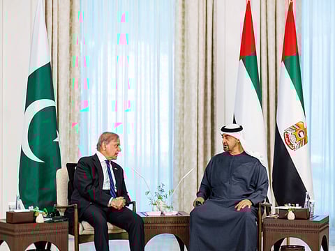 President His Highness Shaikh Mohamad Bin Zayed Al Nahyan meets with Shehbaz Sharif, Prime Minister of Pakistan at Al Shati Palace during the latter’s official visit to the UAE in June this year