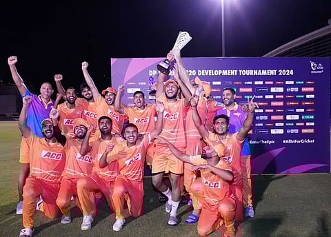 Gulf Giants Development team celebrate with the title after winning the DP World ILT20 Development Tournament at the ICC Academy on Wednesday.