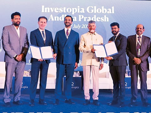 Abdulla Bin Touq Al Marri, UAE Minister of Economy, N. Chandrababu Naidu, Chief Minister of Andhra Pradesh, T.G. Bharat, Andhra Minister for Industries, Commerce and Food Processing, Yusuff Ali MA, Chairman of Lulu Group International during Investopia Global - Andhra Pradesh 2025 which was held recently at Vijayawada in Andhra Pradesh.