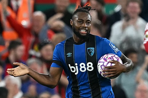 Bournemouth's Ghanaian striker Antoine Semenyo celebrates after scoring their first goal in the English Premier League match against Liverpool.