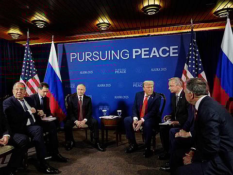 President Donald Trump meets with Russia's President Vladimir Putin on Friday, August 15, 2025, at Joint Base Elmendorf-Richardson, Alaska.