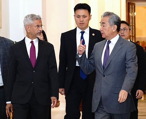 External Affairs Minister S Jaishankar with Chinese Foreign Minister Wang Yi on Monday.