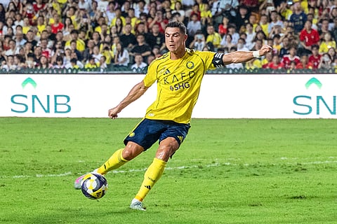 Al-Nassr's Cristiano Ronaldo shoots on goal during the Saudi Super Cup semi-final against Al Ittihad at the Hong Kong Stadium on Tuesday.