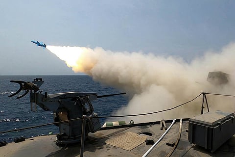 A rocket being launched during a military drill by Iranian Revolutionary Guards in an undisclosed location in southern Iran in a 2025 August file picture.