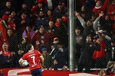 Independiente's forward #07 Santiago Montiel celebrates scoring his team's first goal during the Copa Sudamericana round of 16 second leg football match between Argentina's Independiente and Chile's Universidad de Chile at the Libertadores de America stadium in Avellaneda, Buenos Aires province, Argentina on August 20, 2025.