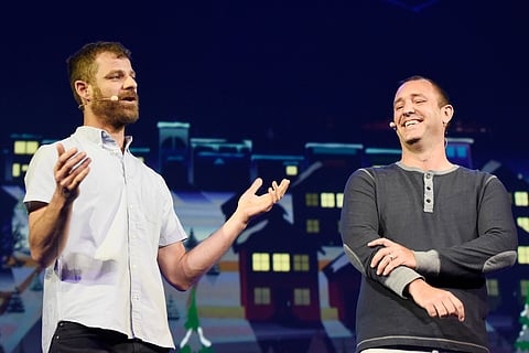 FILE - "South Park" creators Matt Stone, left, and Trey Parker speak at Ubisoft's E3 2015 Conference at the Orpheum Theatre on June 15, 2015, in Los Angeles. (Photo by Chris Pizzello/Invision/AP, File)