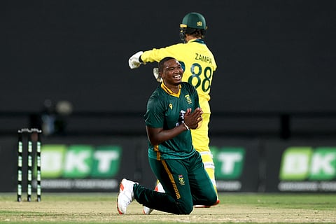 South Africa’s Lungi Ngidi (left) celebrates after dismissing Australia’s Adam Zampato win the second One-Day International at the Great Barrier Reef Arena in Mackay on Friday.