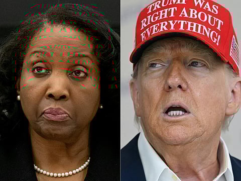 This combination of pictures created on August 22, 2025 shows L-R, Lisa Cook, in Washington, DC, on June 25, 2025 and US President Donald Trump speaks on August 22, 2025, in Washington, DC.