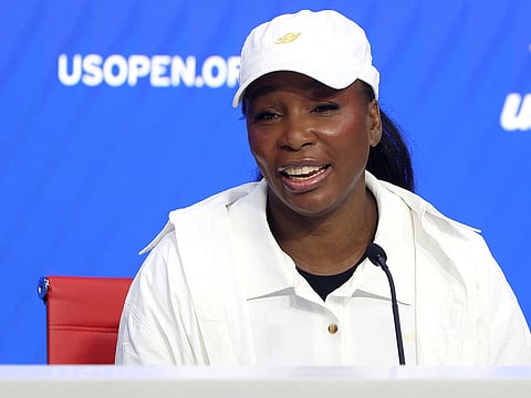 Venus Williams fields questions during a press conference at USTA Billie Jean King National Tennis Center on August 23, 2025 in New York City.