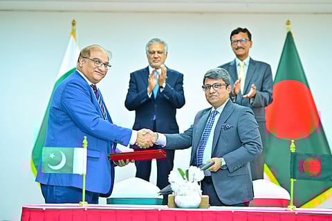 Pakistan and Bangladesh on Sunday sign six agreements during historic visit of Ishaq Dar to Dhaka.