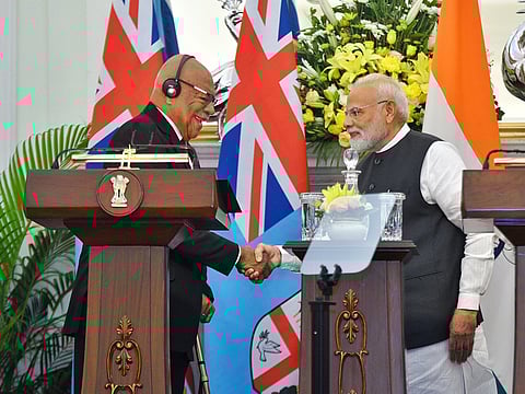 Prime Minister Narendra Modi with Fiji Prime Minister Sitiveni Rabuka.