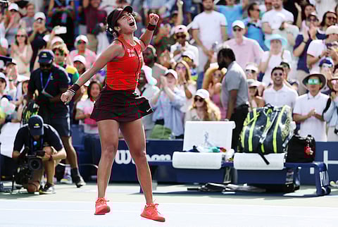 Alexandra Eala of the Philippines celebrates match point against Clara Tauson of Denmark (not pictured) during their Women's Singles First Round match on Day One of the 2025 US Open at USTA Billie Jean King National Tennis Center on August 24, 2025 in the Flushing neighborhood of the Queens borough of New York City.