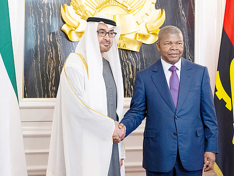 His Highness President Sheikh Mohamed bin Zayed Al Nahyan stands for a photograph with His Excellency Joao Manuel Lourenco, President of Angola, at the Presidential Palace during a state visit.