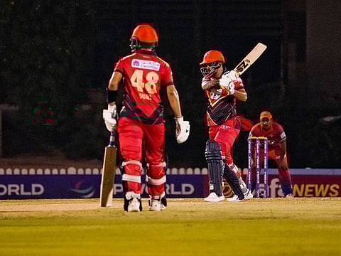 Action from the opening match of the DP World ILT20 Development Tournament on Sunday.