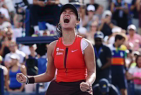 Alexandra Eala of the Philippines celebrates after defeating Clara Tauson of Denmark in the US Open first round on Sunday.