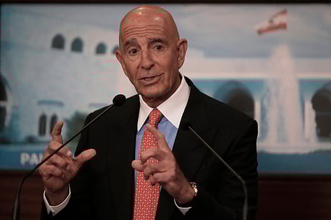 U.S. Ambassador to Turkey and Special Envoy to Syria Tom Barrack speaks during a press conference after his meeting with Lebanese President Joseph Aoun.