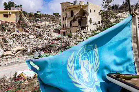 A United Nations flag flies from an armoured vehicle of the UN Interim Force in Lebanon (UNIFIL) during a patrol.
