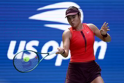 Emma Raducanu of Great Britain returns against Janice Tjen of Indonesia during their Women's Singles Second Round match on Day Four of the 2025 US Open at USTA Billie Jean King National Tennis Center on August 27, 2025 in the Flushing neighborhood of the Queens borough of New York City.