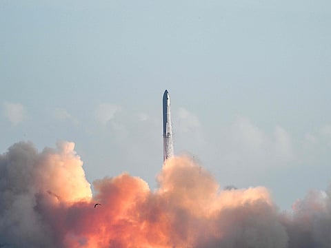 SpaceX's Starship rocket lifts off from Starbase, Texas, as seen from South Padre Island on August 26, 2025, for its tenth test flight.