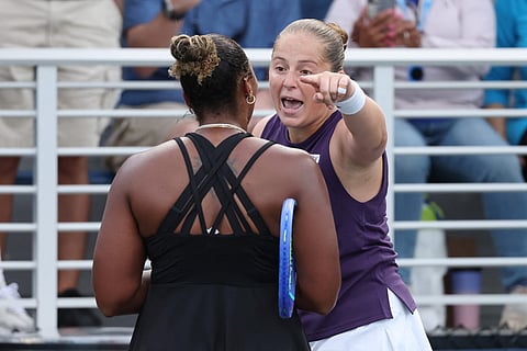 Jelena Ostapenko of Latvia (R) argues with Taylor Townsend of the United States (L) following their Women's Singles Second Round match.