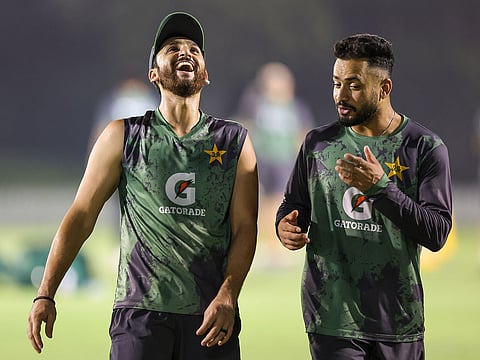 Pakistan captain Salman Agha and Mohammad Nawaz having a light moment during a practice session at ICC Academy Ground on Wednesday.