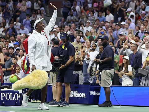 Venus Williams waves to the crowd after losing to Karolina Muchova of Czech Republic in the women's singles first round.
