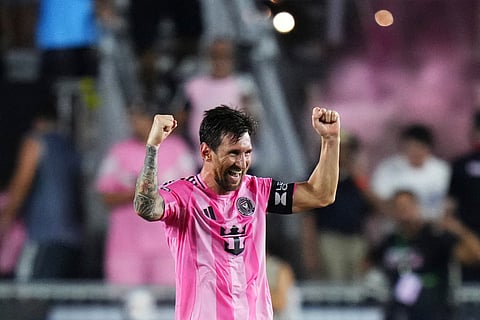 Lionel Messi of Inter Miami CF celebrates after winning the Leagues Cup semi-final against Orlando City at Chase Stadium in Fort Lauderdale, Florida, on Wednesday.