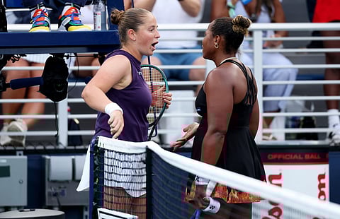 Jelena Ostapenko (left) of Latvia exchanges words with Taylor Townsend of the United States after their match in the 2025 US Open in New York City on August 27, 2025.