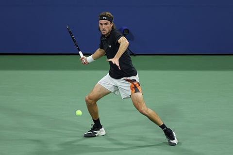 Greece’s Stefanos Tsitsipas hits a forehand return to Germany’s Daniel Altmaier during their men's singles second round tennis match on day five of the US Open tennis tournament at the USTA Billie Jean King National Tennis Center in New York City, on August 28, 2025.
