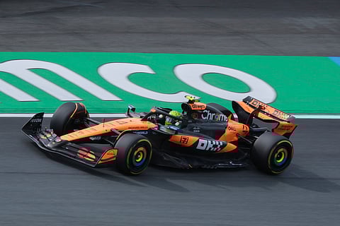 McLaren driver Lando Norris of Britain in action during the first practice for the Formula One Dutch Grand Prix in Zandvoort, Netherlands, on August 29, 2025.