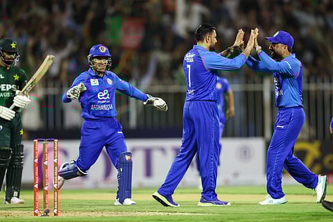 Afghanistan players celebrate a Pakistan wicket.