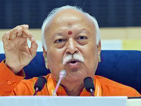 Rashtriya Swayamsevak Sangh chief Mohan Bhagwat speaks during a question-and-answer session as part of the RSS' three-day lecture series on '100 years of Sangh journey', in New Delhi on Thursday.