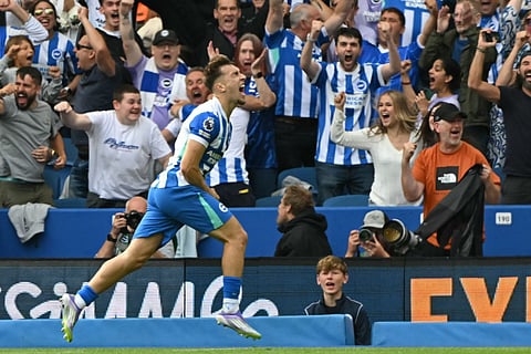 Brighton's German midfielder Brajan Gruda celebrates scoring their second goal during the English Premier League football match between Brighton and Hove Albion and Manchester City at the American Express Community Stadium in Brighton, southern England on August 31, 2025.