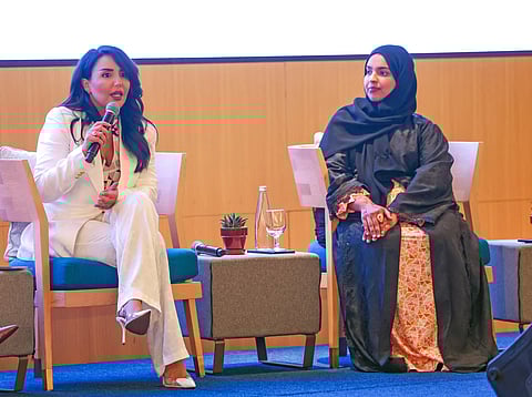 Sanaa Ouahmane, CEO of AWR Mobility and AWR Trading, and Mouza Al Muhairi, Human Resources Chief Executive at the Free Zones Authority of Ajman, speaking at Emiratia
