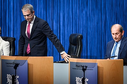 Nestle CEO Laurent Freixe (L) and Nestle chairman Paul Bulcke (R) attend a general shareholders meeting of Swiss food giant Nestle in Ecublens, near Lausanne, on April 16, 2025.