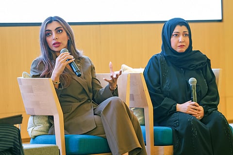 Marwa Al Mamari, Aerospace Engineer, Accident Prevention and Safety Recommendations Specialist, and Professor at NYUAD, and Saleheh Ali Reza Badpa, Operational Training Specialist at Al Maktoum Tower, speaking at the panel at Emiratia