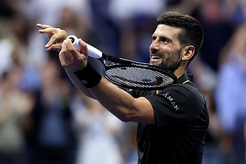 Novak Djokovic of Serbia celebrates defeating Jan-Lennard Struff of Germany after their Men's Singles Fourth Round match on Day Eight of the 2025 US Open at USTA Billie Jean King National Tennis Center on August 31, 2025 in the Flushing neighborhood of the Queens borough of New York City.