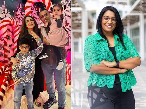 Left: Priyanka Sharma, a corporate communications professional with her two children and husband, Right: Asha Sherwood, founder, Abu Dhabi Review