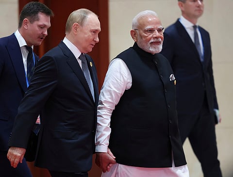 Russian President Vladimir Putin and Indian Prime Minister Narendra Modi on their way to attend the Shanghai Cooperation Organization (SCO) summit in Tianjin, China , on September 1, 2025.